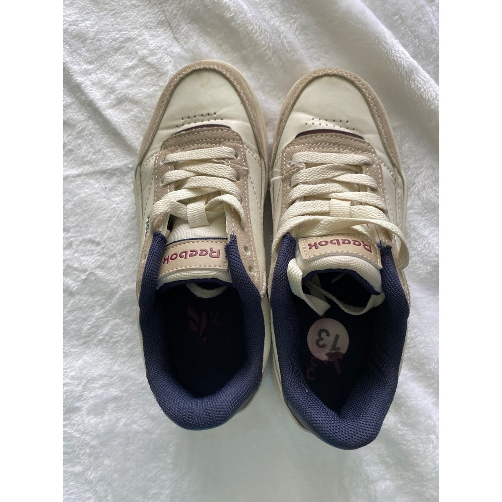 Reebok Club C Sneakers Kids Size 13K Cream Tan‎ Navy Blue Low Top Shoes